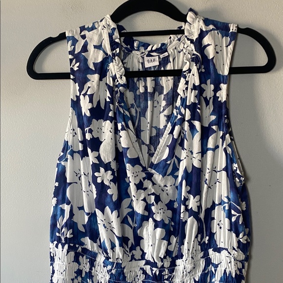 GAP Print Splitneck Maxi Dress Women’s XL Blue Floral Sleeveless Cotton Blend - Picture 4 of 14